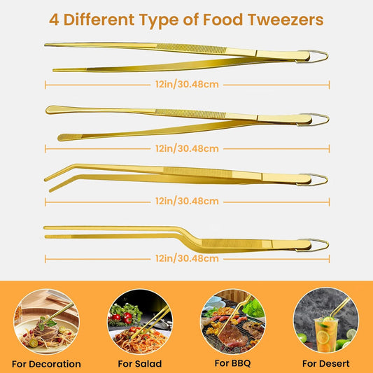 GEEKHOM 4 Pcs 12-Inch Gold Premium Tweezer Tongs, Full-Size Stainless Steel Set for Culinary, Restaurant, Buffet & Party Serving