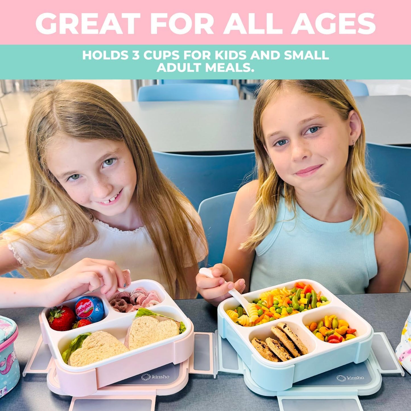 Medium Bento Box for Kids Toddlers, Lunch-Box for Boys or Girls, Leakproof 3 Compartment Containers for Meal or Snack at Daycare School Travel, BPA Free, 2 pack Pastel Teal + Pink