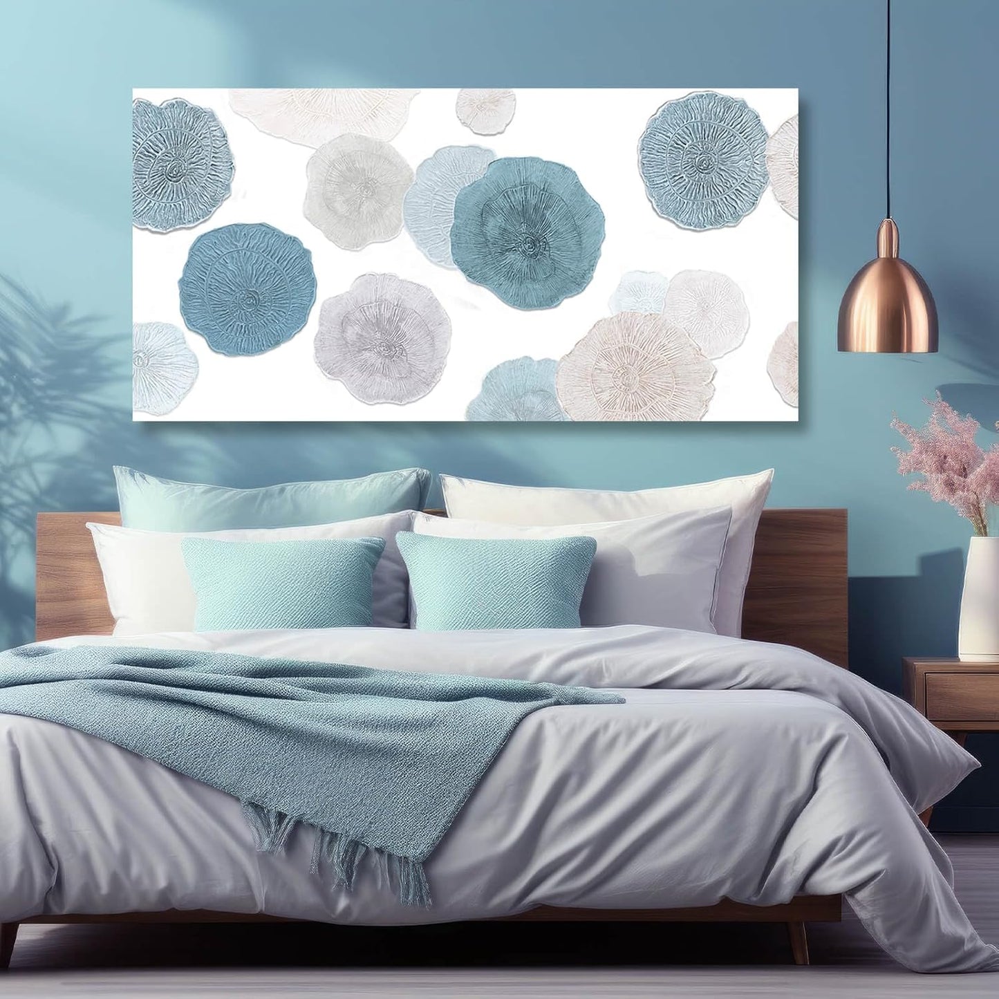 VAYIMDH Blue Wall Prints on Canvas White and Grey Abstract Wall Decor for Home Living Room Framed Poster Cozy Bedroom Painting 24"x 48" Flowers Wall Art