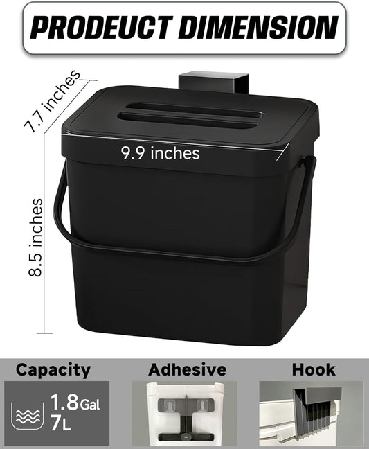 Countertop Compost Bin Kitchen, 1.8 Gallons Hanging Trash Can with Lid for Kitchen Cabinet Door, Under Sink, Wall Mounted Waste Bin for Bathroom, 7L(Black)