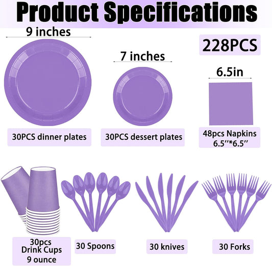TWOWYHI 228PCS Lavender Party Supplies Set Include Paper Plates Cups Paper Napkins Plastic Spoons Forks Knives for 30 Guests Disposable Party Dinnerware for Birthday Wedding Family Picnic