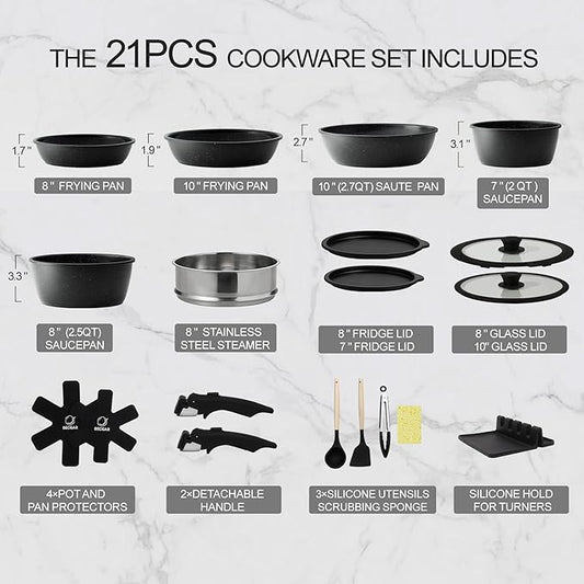 21PCS ceramic cookware set,Nonstick ceramic pan, Removable Handle pots and pans set, Stackable Pan Set, Ceramic Nonstick Pan Pots and Pans Set Non Stick(Black)