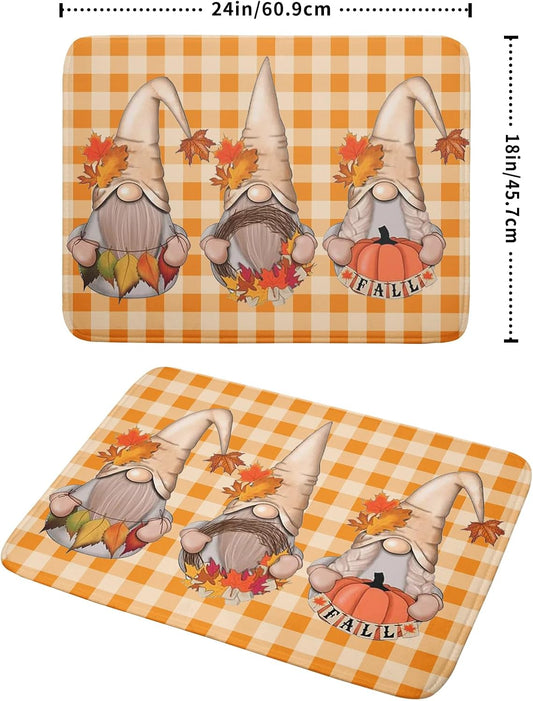 Fall Gnome Dish Drying Mat for Kitchen Autumn Pumpkin Maple Leaves Dishes Pad Orange White Check Plaids Dish Drainer Rack Mats Absorbent Fast Dry Counter Accessories 18x24inch Thanksgiving Day Decor