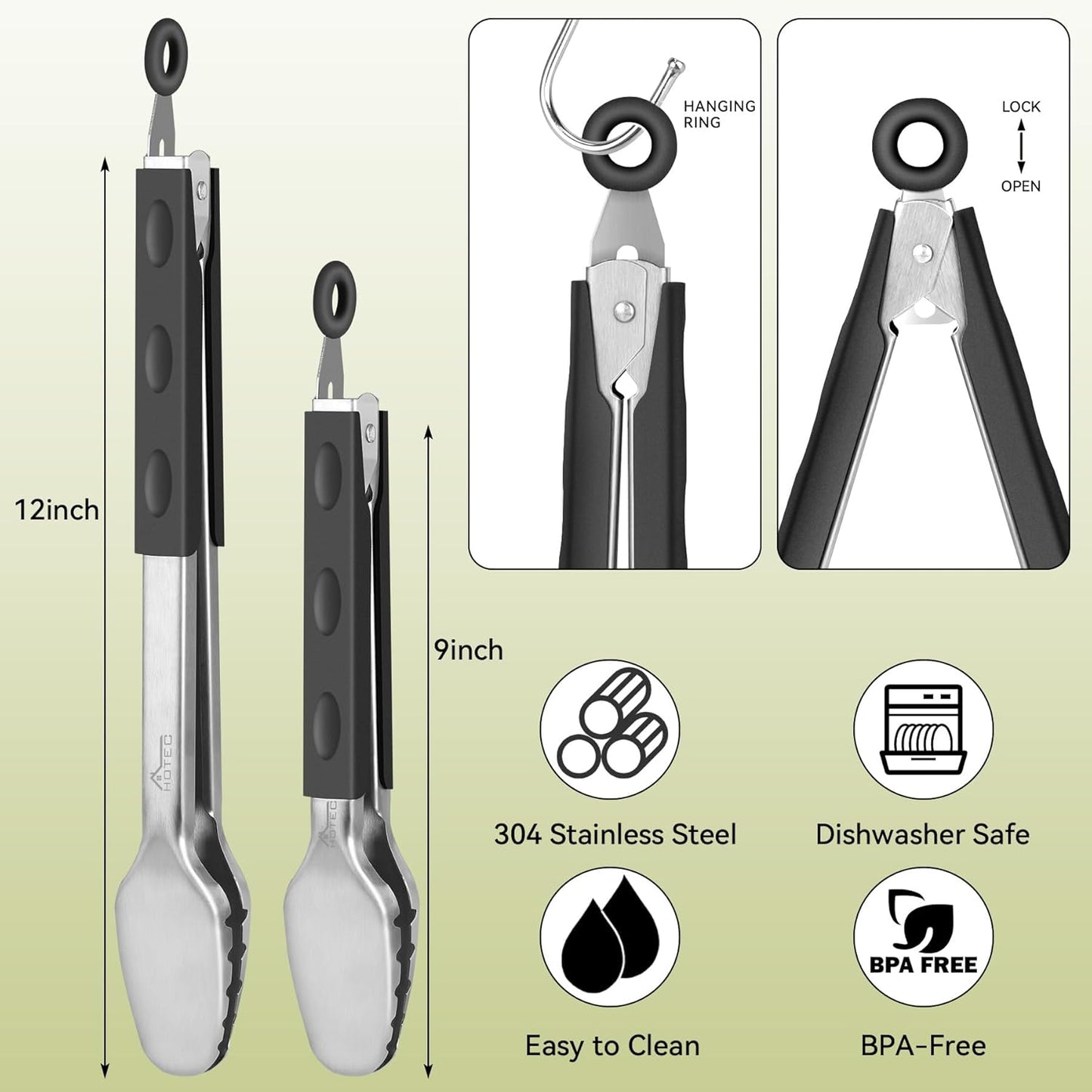 Hotec Stainless Steel Kitchen Tongs, Set of 2-9" and 12", Locking Metal Food Tongs for Cooking, Serving, BBQ, Grill Non-Slip Grip