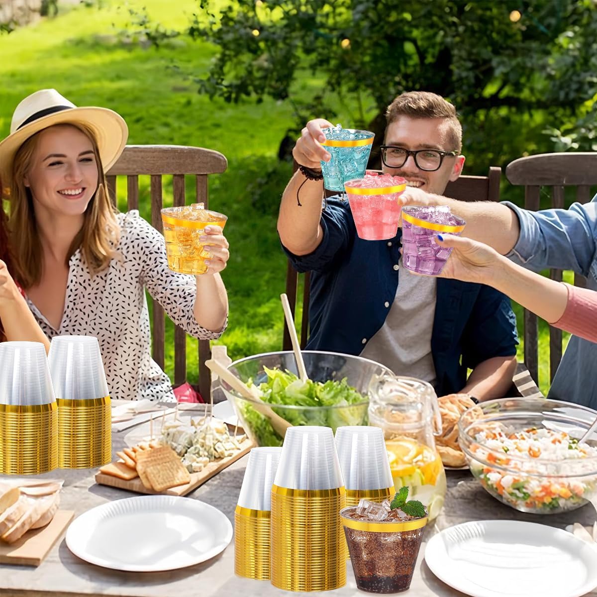 300 Pcs Gold Plastic Cups,9Oz Gold Rimmed Plastic Cups,Heavy Duty Gold Rim Clear Disposable Plasitc Cocktail Tumblers Wine Cup for Party,Wedding,Birthday,Christmas