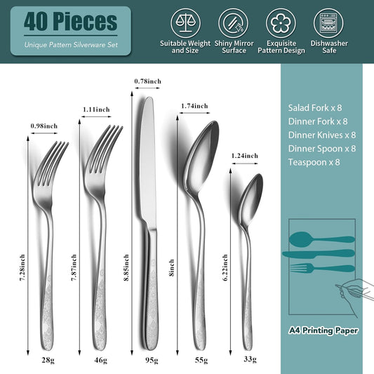 40 Piece Flatware Set, Service for 8, EIUBUIE Premium Stainless Steel Cutlery Set, Mirror Polished Silverware Sets with Pattern Handle, Modern Kitchen Eating Utensils Sets