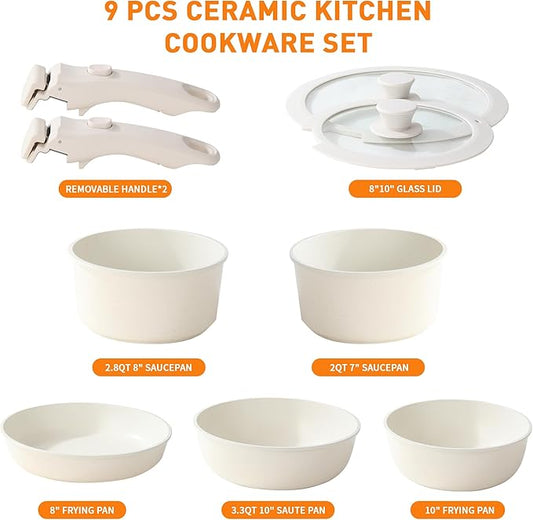 Ceramic Cookware Set 9 Pcs Pots and Pans Set with Detachable Handles Cooking Pan Saucepan Set Skillet Healthy Induction Cookware Oven Safe Dishwasher RV Kitchen Cream