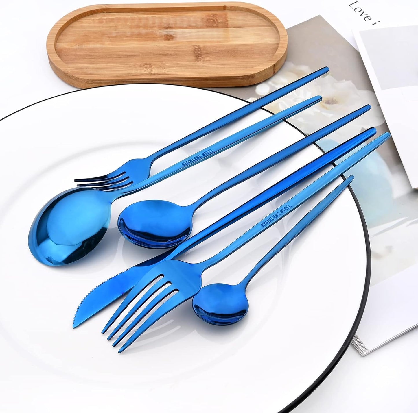 24-Piece Mirror Blue Polished Flatware, 18/0 Stainless Steel Dinnerware Set Include Knife Fork Spoon Teaspoon Cutlery Set For Home Restaurant and Party Service For 6, Dishwasher Safe
