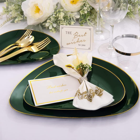 DaYammi 180Pcs Green Plastic Plates, Green Gold Disposable Plates with Gold Silverware Dinnerware Set Include: 30 Dinner Plate,30 Dessert Plate,90 Plastic Cutlery,30 Cups for Party or Holiday parties