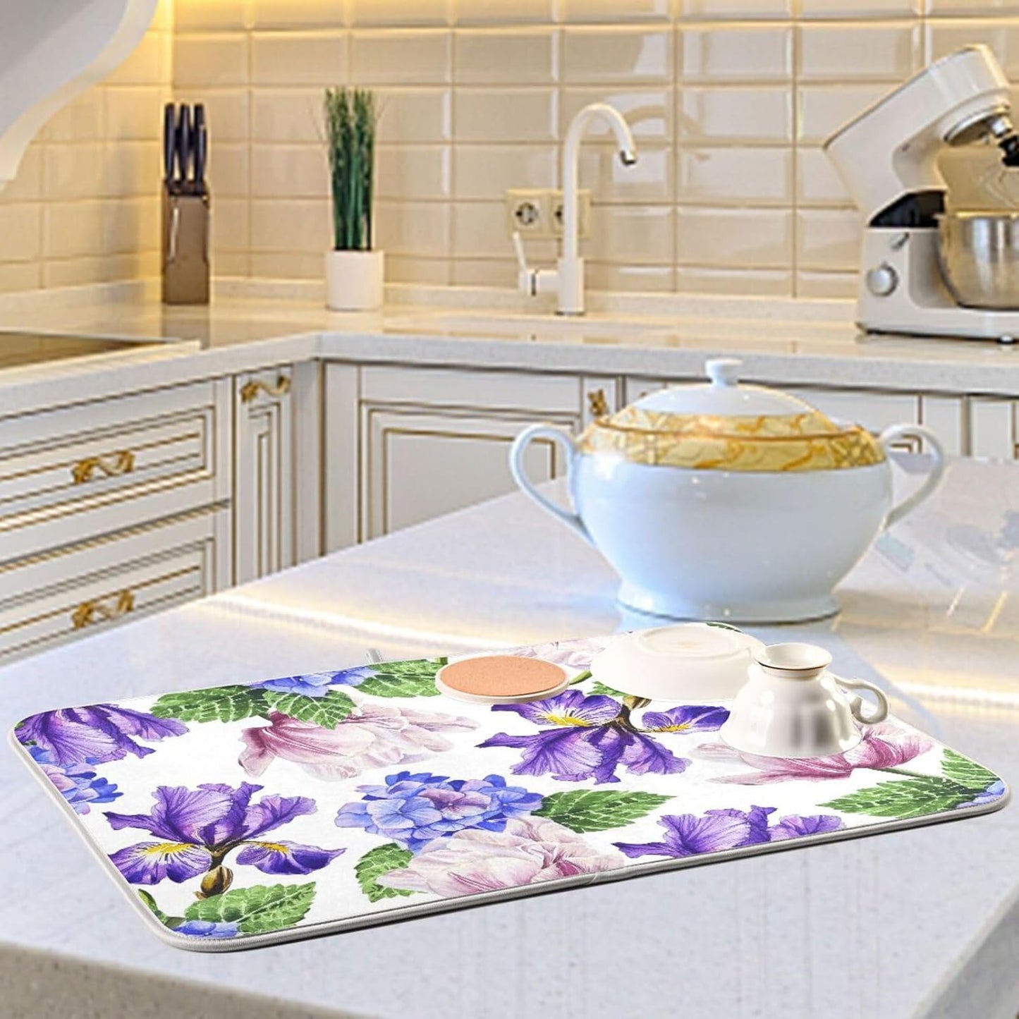 Watercolor Flowers and Hydrangeas Dish Drying Mat Super Absorbent Drying Mat 18x24 inch Large Dish Drying Mats for Kitchen Counter Dish Drying Pads Kitchen Drying Matt for Countertop