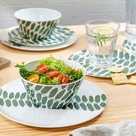 Bzyoo 12-Piece Melamine Dinnerware Set - Leaf | Lightweight, Durable, BPA-Free | Dishwasher Safe Dish Set for Indoor & Outdoor Use - Perfect for Camping, BBQs, Kids