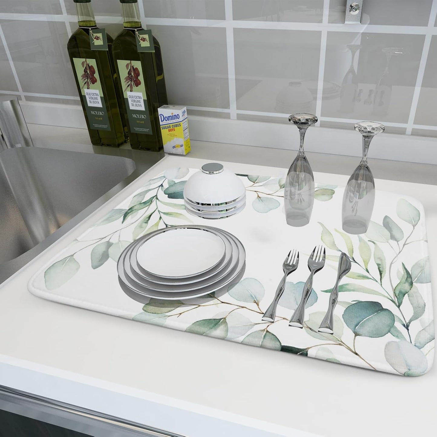 Sage Green Dish Drying Mats for Kitchen Counter Large Drying Mat for Dishes Microfiber Dish Rack Mat Kitchen Decor Spring Leaf Flower Drainer Pad Washable Foldable Ultra Absorbent Dry Mat 18×24 Inch