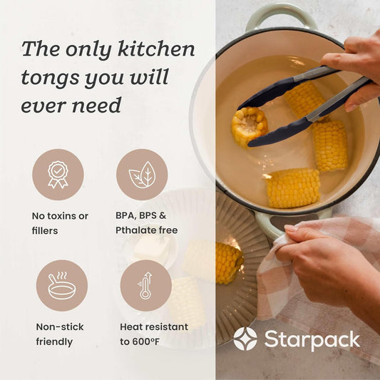 StarPack Premium Silicone Kitchen Tongs 9-Inch - Stainless Steel with Non-Stick Silicone Tips, High Heat Resistant to 600°F, For Cooking, Serving, Grill, BBQ & Salad (Gray Black)