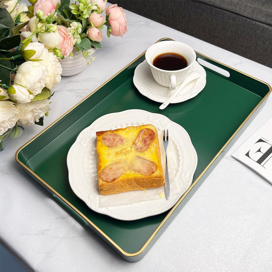 Rectangular Decorative Tray, Plastic Serving Trays with Handles, Coffee Table Tray for Ottoman, Living Room, Kitchen, Home Decor 15.7” x 10.2” x1.37”(Green)