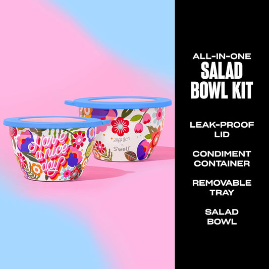 S'well Stainless Steel Salad Bowl Kit 64oz, Steffi Lynn x S'well, Comes with 2oz Mini Canister and Removable Tray for Organization, Leakproof, Easy to Clean, Dishwasher Safe