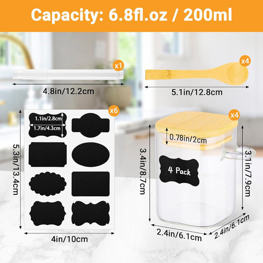 Glass Jars with Bamboo Lids Set of 4, 6 Fl.oz Square Glass Spice Jars with Lid and Spoon, Small Canisters Sets for Kitchen Countertop, Clear Pantry Container for Jam, Tea, Coffee and Sugar