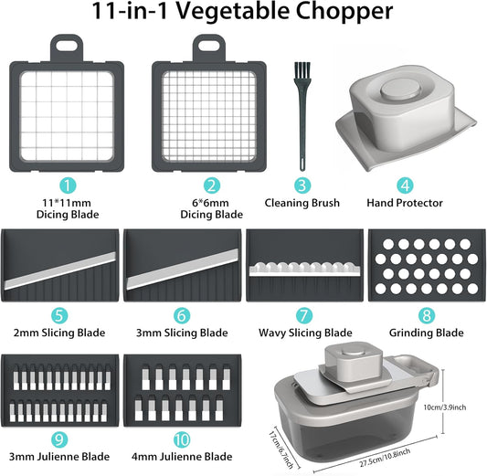 11-in-1 Mandoline Slicer for Kitchen, Food Chopper with Container, Vegetable Dicer Onion Slicer, Veggie Cutter for Fruit Salad Kitchen Gadgets Essential Tools (Grey)