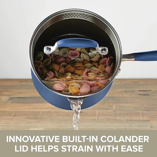 Anolon Advanced Home Hard Anodized Nonstick Sauce Pan/Saucepan with Straining and Lid, 2 Quart (2 Qt Straining Saucepan, Indigo)