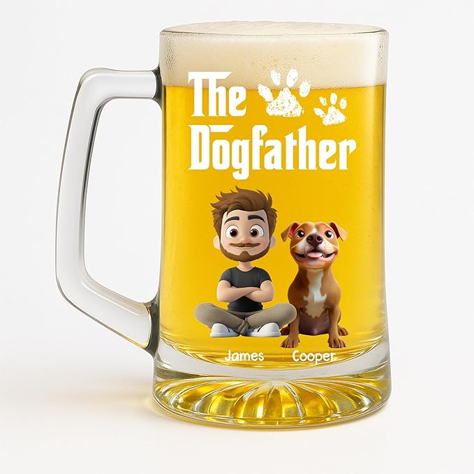 Wrappiness Gift for Dad - Cool Dog Father Personalized Beer Glass With Handle, Custom Breeds and Man Appearance Lovely Fathers Day Pet Papa Gift for Men Pet Lovers, Cute Puppy Owner Drinking Cup