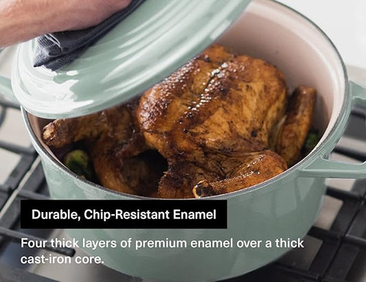Misen 7 QT Enameled Cast Iron Dutch Oven - Chip-Resistant Enamel Coating - Thick Iron Core For Heat Retention - Large Cooking Surface - Oven Safe, Induction Compatible - Grill and Silicone Lid, Green