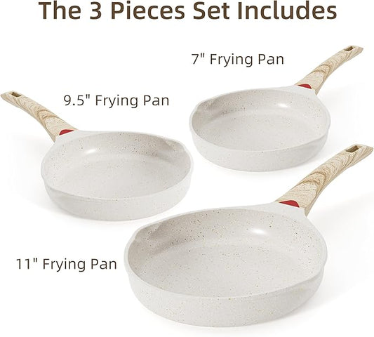 Caannasweis Nonstick Granite Frying Pan Skillet, Non Stick Omelette Fry Pans, Omelet Egg Pan, Stone Cookware Chef's Pan, Induction Compatible, PFOA Free (Beige, 3 Pcs)