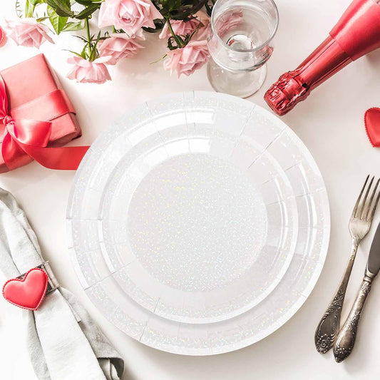 50 Pcs Iridescent White Paper Plates 25 × 7'' and 25 × 9'' Disposable White Shiny Holographic Foil Dinner Plates for Wedding Baby Shower Birthday Christmas Party Glitter Dessert Plate