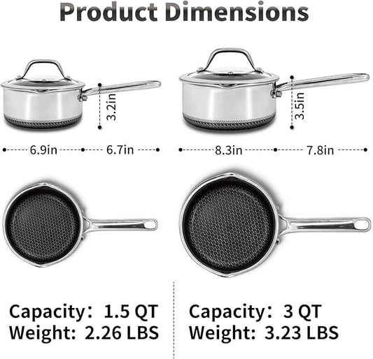 Hybrid Nonstick Saucepan Set of 2 with Lids 1.5 QT and 3 QT, Stainless Steel Honeycomb Pans with Side Pour Spouts,Compatible with All Cooktops,Dishwasher and Oven Safe