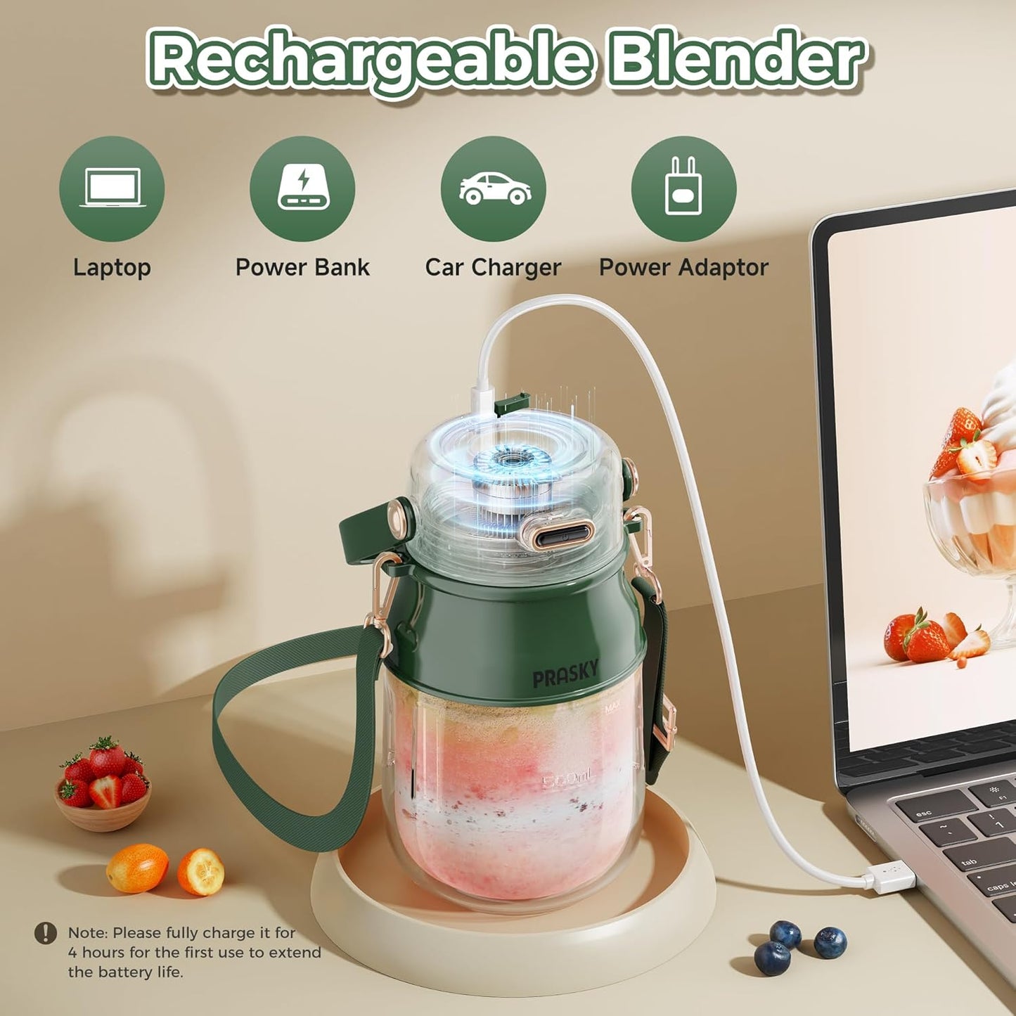 Portable Blender, Prasky Personal Blenders for Shakes and Smoothies with 27oz Cup, Lid and Shoulder Strap, Type-C USB Rechargeable, Personal Size Blenders BPA-free for Gym/Travel/Kitchen (green)