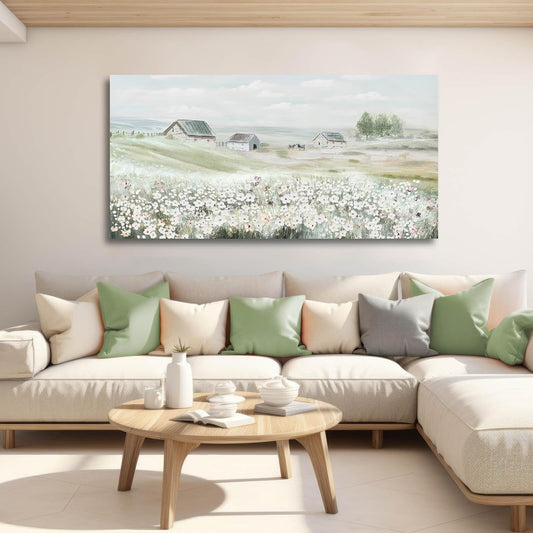 VAYIMDH Farmhouse Wall Art White Flowers Painting Rustic Scenery Green Pictures Wall Decor 24"x 48" Meadow Prints for Living Room Dining Room Bedroom Aesthetic