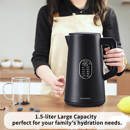 1.5L Electric Kettle Stainless Steel, Double Wall Cool Touch Teapot, Fast Boil,5 Temperature Control, LED Display, Auto Shut-Off, BPA-Free,Keep Warm Function, Ideal for Tea & Coffee,Black