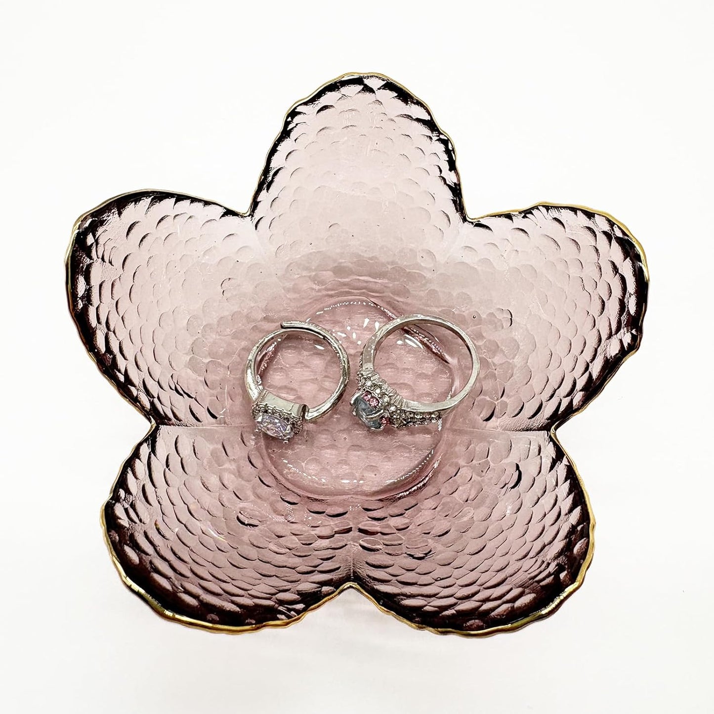 Small Pink Glass Jewelry Dish Tray, Bathroom Jewlery Tray, Flower Ring Dish Jewlry Plate, Crystal Engagement Jewerly Ring Holder for Women, Nightstand Decor Trinket Jewelry Bowl Gift for Mom