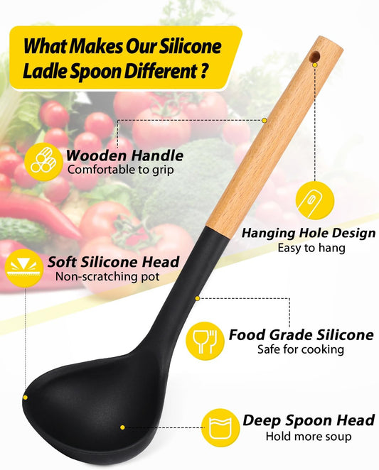 Pack of 2 Soup Ladle, Silicone Ladle Spoon with Wooden Handle, Large Non Stick High Heat Resistant Kitchen Utensils for Cooking, Stirring, Serving Soups(BLACK-RED)