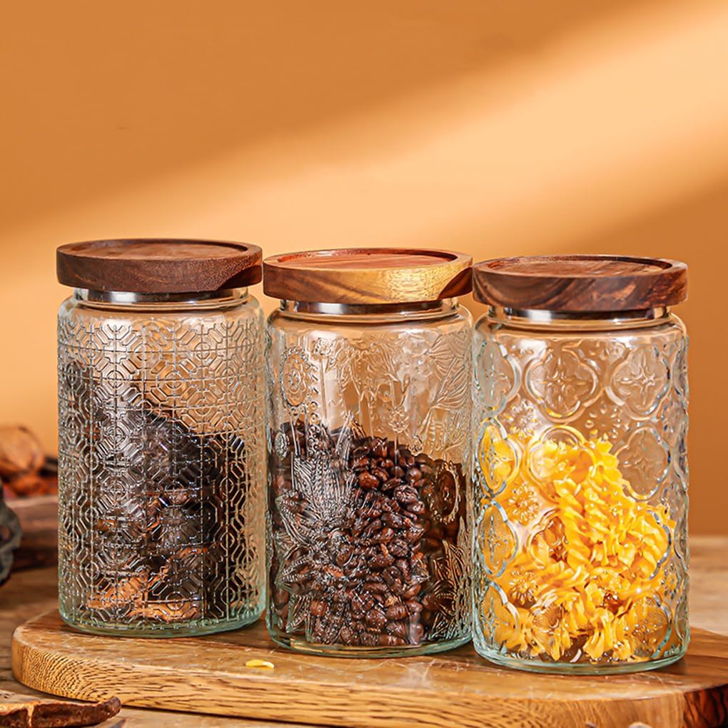 ANSQU Vintage Glass Storage Jar, Glass Canister Storage Jar Container with Airtight Wooden Lid for Kitchen Counter, Pantry, Coffee, Tea, Sugar, Cookie Jars (Round-Begonia)