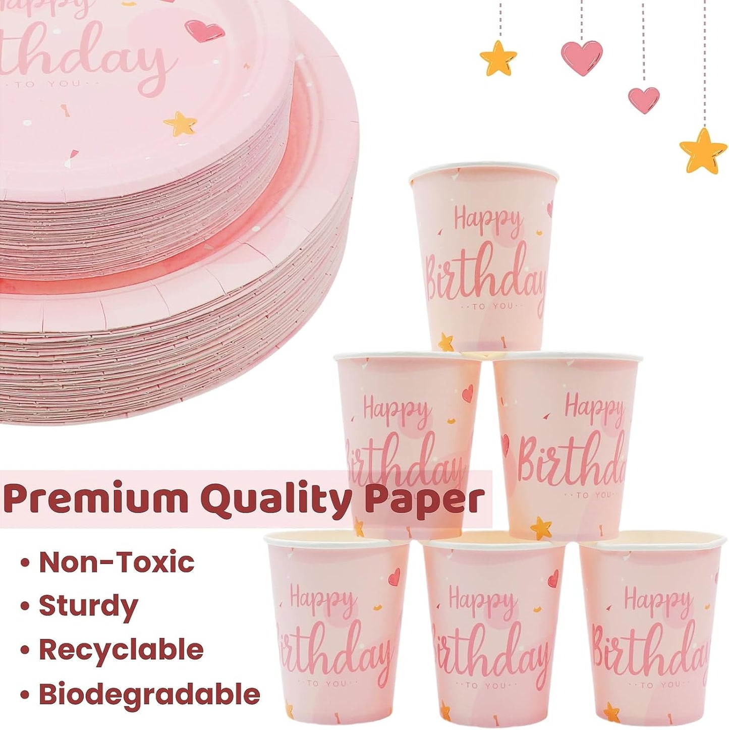 Birthday Party Tableware Set - 250PCS Party Supplies Pink Heart Disposable Paper Plates Dinnerware Set Pink Dinner Dessert Plates Cups Napkins Plastic Forks for 50 Guests