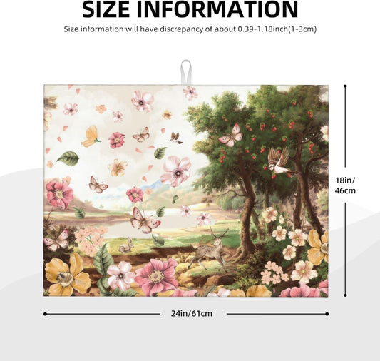 Retro Country Woods Deer Dish Drying Mat 18x24 Inch, Microfiber Absorbent Fast Dry Mat Flowers Butterfly Large Dish Mat Drying Kitchen Mat, Kitchen Drying Pad for Kitchen Counter Coffee Bar Decor