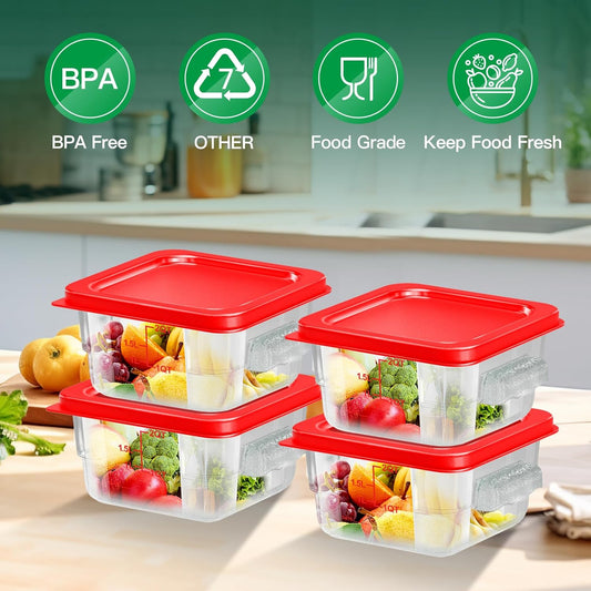 4 pcs 2qt Food Storage Containers with Lid, Square Clear Commercial Food Storage Containers with Handle and Scale for Food Storage in Home Kitchen & Dining (Red)