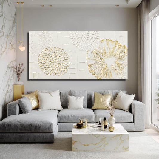 VAYIMDH White and Gold Wall Decorations Flower Wall Paintings Neutral Wall Art 29"x58" Over The Bed Wall Decor for Bedroom Kitchen Pictures