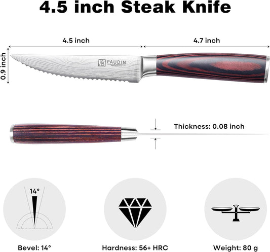 PAUDIN Steak Knives 4.5 Inch, Steak knives Set of 8, High Carbon Stainless Steel Steak Knife Set, Sharp Serrated Steak Knife with Pakkawood Handle, Kitchen Steak Knives with Gift Box