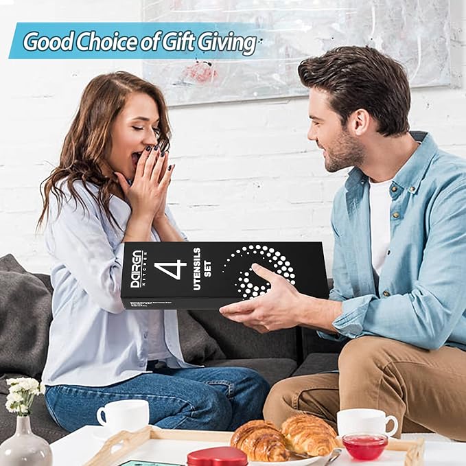 Pack of 4 Large Silicone Cooking Spatulas and Spoons, Slotted and Solid Stainless Steel Cooking Utensils Set, Non-stick Heat Resistant Kitchen for Baking, Fried, Stir-Fry, Mixing, Serving (Blue)