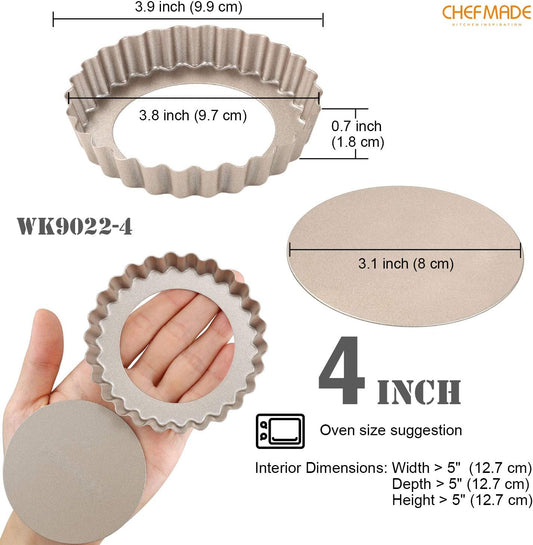 CHEFMADE Mini Tart Pan Set, 4-Inch 4Pcs with Removable Loose Bottom Non-Stick Round Quiche Bakeware for Oven and Instant Pot Baking (Champagne Gold)