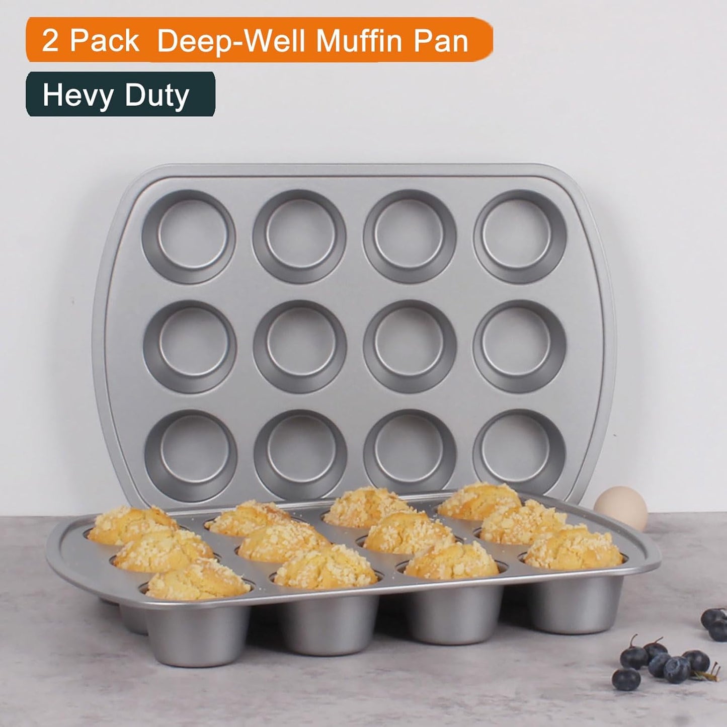 Deep Well Muffin Pan - 12-Cup 2-Pack, 1.77-Inch Deep Cups (50% More Batter), Heavy Duty Carbon Steel with Nonstick and Non-Toxic Coating, 15.9 x 11.1 Inches