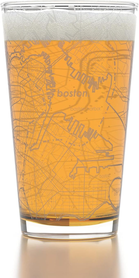 Well Told Engraved Boston Massachusetts Map Pint Glass, Etched Beer Gift (16 oz, Clear) City Map Pint, Custom City Glassware, Gifts For Beer Lovers
