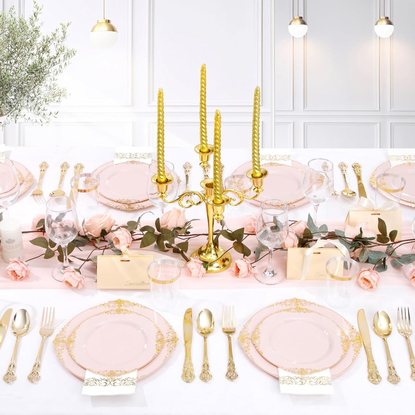 YOUBET 700PCS Pink Plastic Plates - Pink and Gold Plates - Luxury Pinks Plastic Dinnerware Set Include 200 Pinks Disposable Plates, 300 Heavy Duty Silverware, 100 Cups, 100 Napkins for Wedding & Party