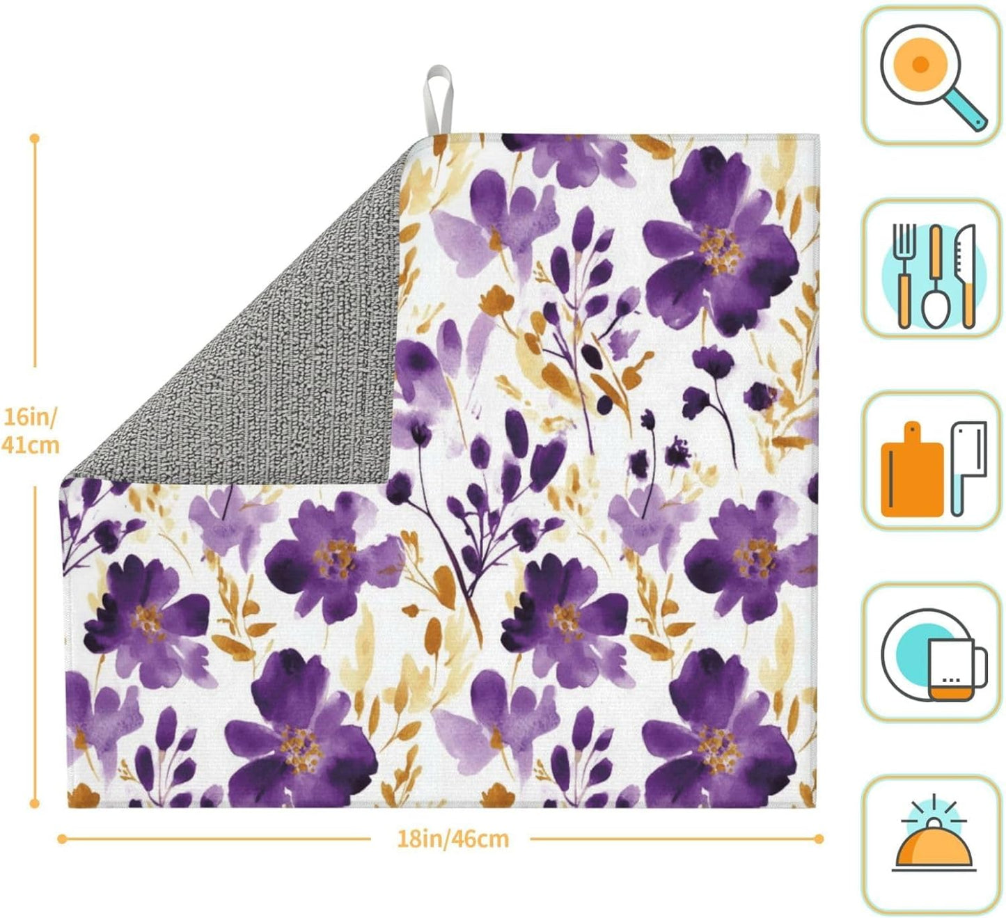 Purple Gold Watercolor Floral Dish Drying Mats for Kitchen Counter & Sink, Absorbent Microfiber Drying Pad for Dishes, Washable Foldable Romantic Kitchen Mat for Dining Area & Home Decor, 16" x 18"