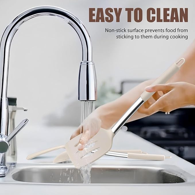 E-far Silicone Spatula Set of 2, Solid & Slotted Turner for Nonstick Cookware, Heat Resistant Rubber Kitchen Cooking Utensils for Flipping Fish Pancake Egg - Khaki