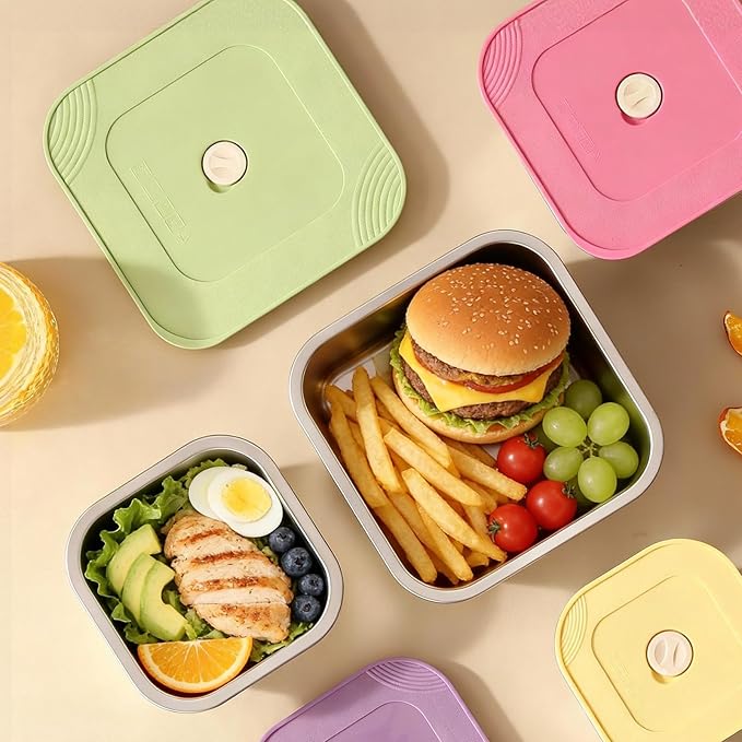 4-Piece Stainless Steel Snack & Lunch Containers with Lids Set, Stackable Metal Food Storage Containers with Lids, Airtight Leakproof Lunch Bento Box, Dishwasher Safe (Size 4.5", 5.5", 6.3", 7")