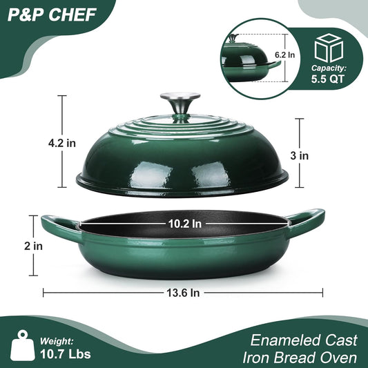 P&P CHEF Bread Dutch Oven for Sourdough, 5.5 Quart Enameled Cast Iron Dutch Oven Pot with Lid for Homemade Bread Baking, Easy to Clean & Even Heat, Dark Green