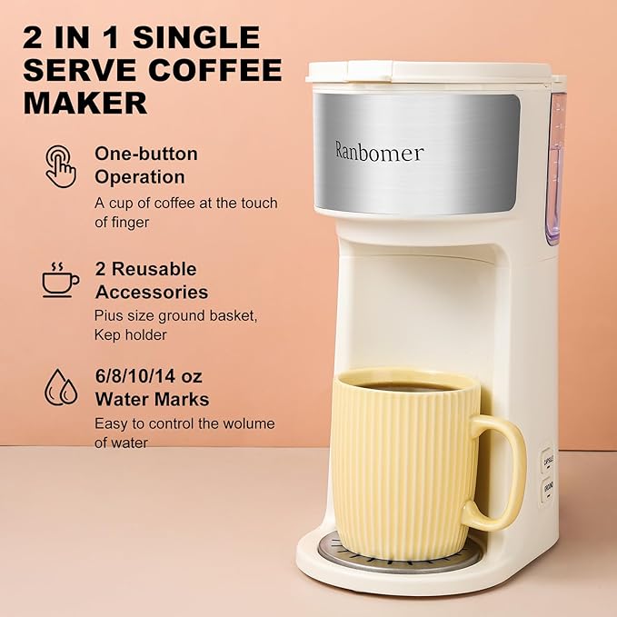 K Cup Coffee Maker, Single Serve coffee machine or Ground Coffee Machine 2 in 1, 6 to 14 Oz Brew Sizes, Mini One Cup Coffee Maker with Self cleaning Function, Fits Travel Mug (White)