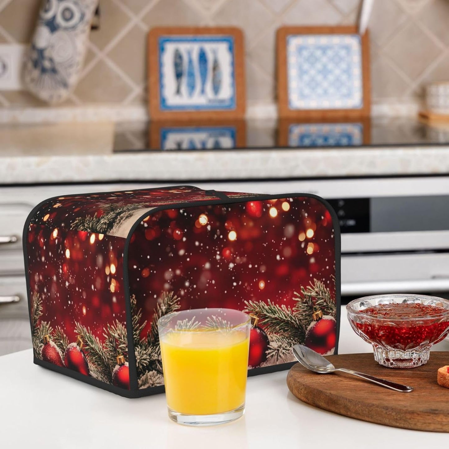 Toaster Cover 4 Slice Red Christmas Ball Glitter Kitchen Small Appliance Covers with Pockets Dust and Fingerprint Protection