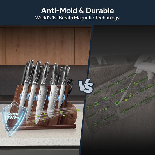 Knife Set for Kitchen 14 Pieces with Magnetic Block, German Razor Sharp High Carbon Stainless Steel Damascus Pattern, Full Tang Ergonomic Handle, Black Flowing Cloud Design